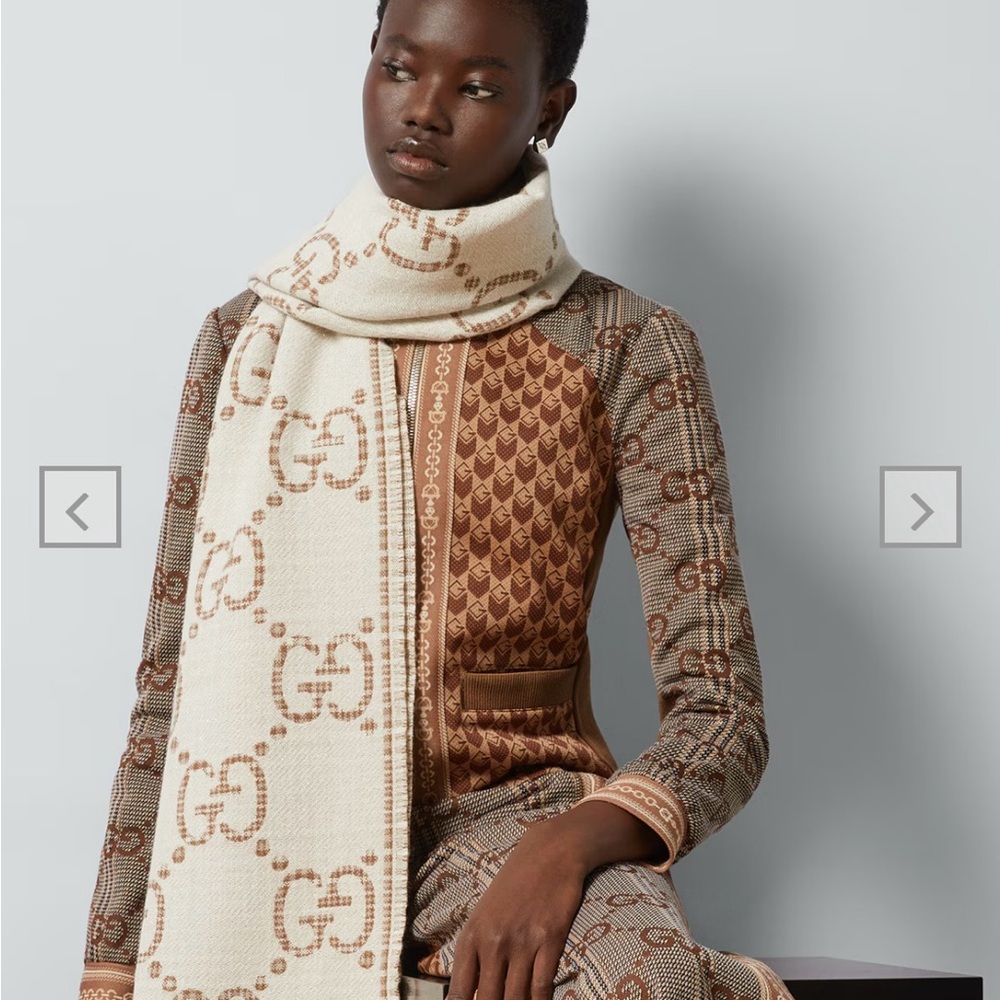 Brand New - Gucci Wool Jacquard Scarf - Ivory/Beige